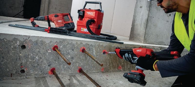 HDE 500-22 Акумуляторний дозатор для хімічних анкерів Hilti Акумуляторний дозатор для гібридних/епоксидних хімічних анкерів з корисними функціями для підвищення швидкості, безпеки та економічності використання розчину (платформа батарей Nuron) Застосування 1
